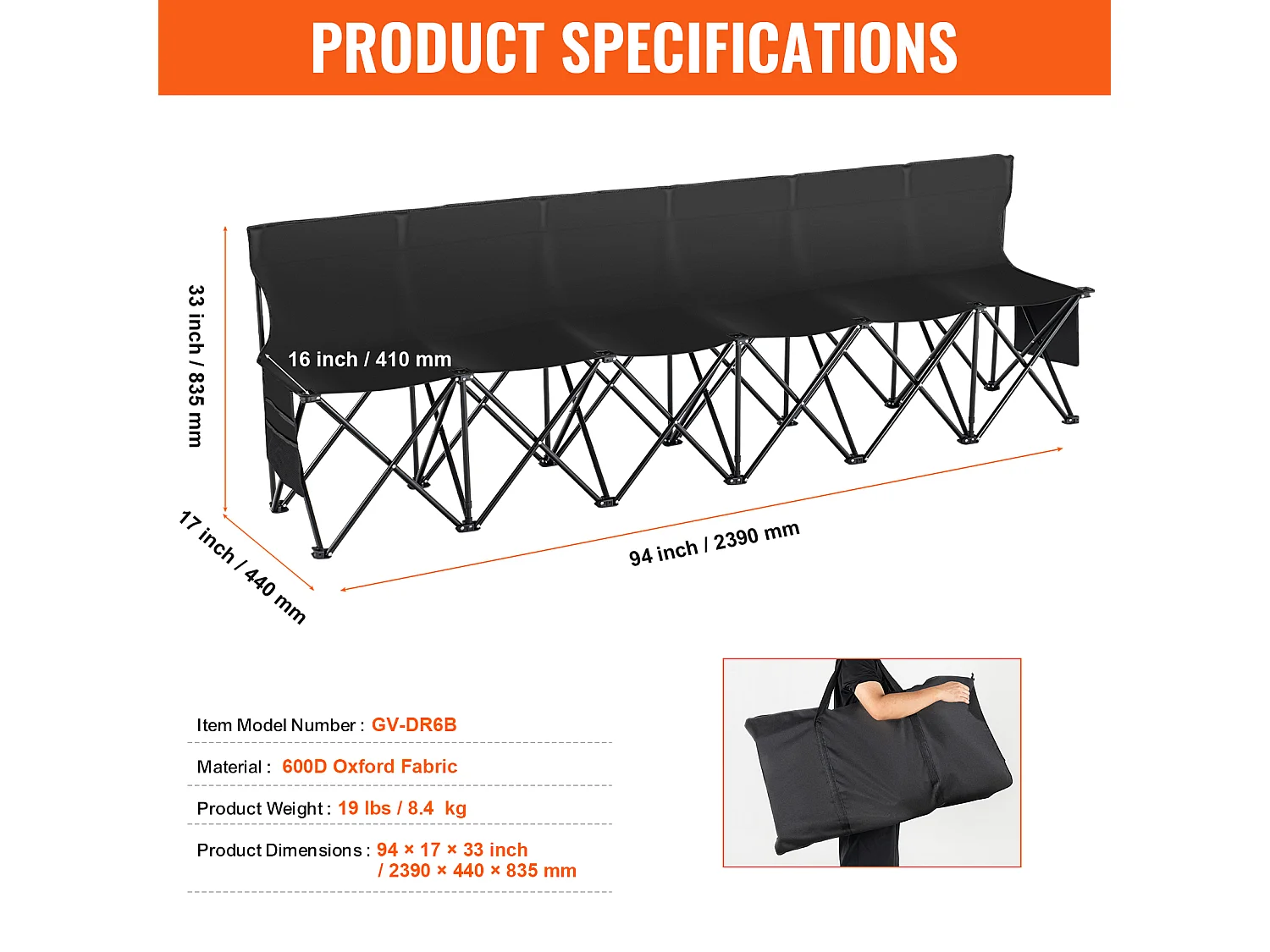 Banc de Sport SucceBuy, 6 Places, Chaise de Camping en Plein Air avec Sac de Transport, pour le Sport et la Pêche, Noir
