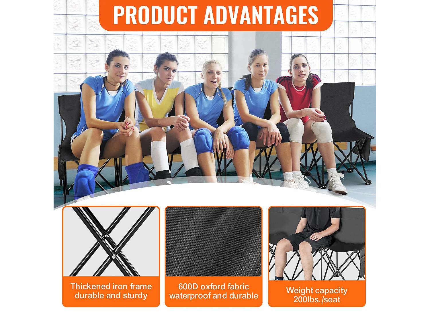 Banc de Sport SucceBuy, 6 Places, Chaise de Camping en Plein Air avec Sac de Transport, pour le Sport et la Pêche, Noir