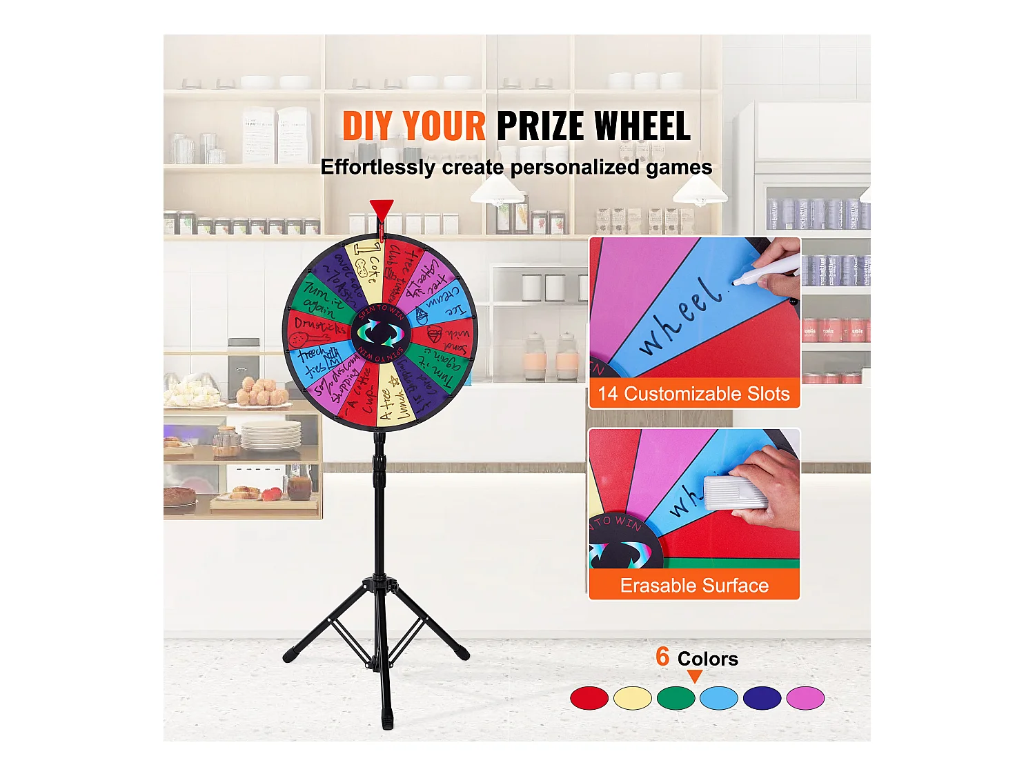 Roue de Prix Rotative SucceBuy 46 cm, 14 Emplacements avec Support Réglable, Roue de Roulette Effaçable à Sec, Idéale pour les Fêtes