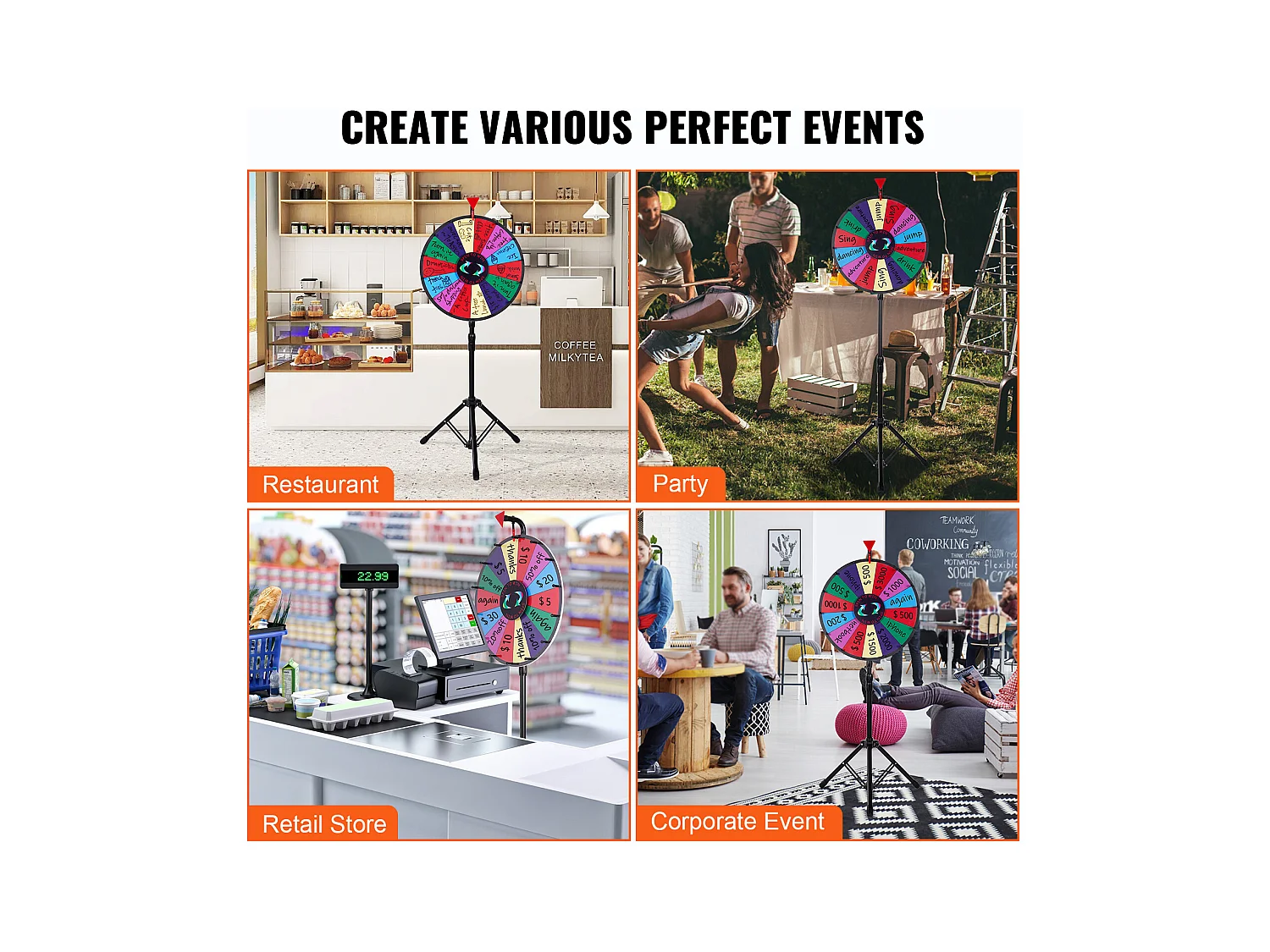 Roue de Prix Rotative SucceBuy 46 cm, 14 Emplacements avec Support Réglable, Roue de Roulette Effaçable à Sec, Idéale pour les Fêtes