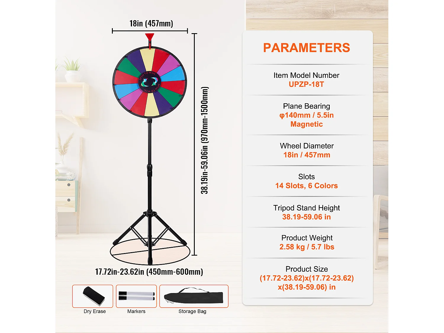 Roue de Prix Rotative SucceBuy 46 cm, 14 Emplacements avec Support Réglable, Roue de Roulette Effaçable à Sec, Idéale pour les Fêtes
