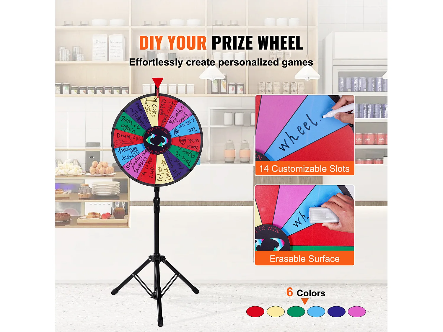 Roue de Prix Rotative SucceBuy 46 cm, 14 Emplacements avec Support Réglable, Roue de Roulette Effaçable à Sec, Idéale pour les Fêtes