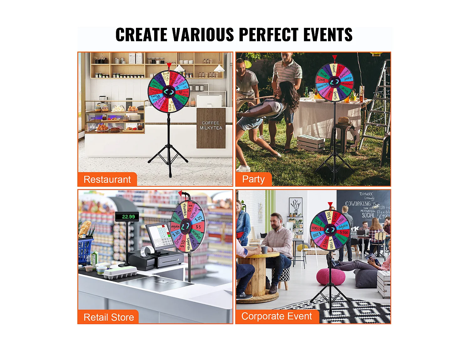 Roue de Prix Rotative SucceBuy 46 cm, 14 Emplacements avec Support Réglable, Roue de Roulette Effaçable à Sec, Idéale pour les Fêtes