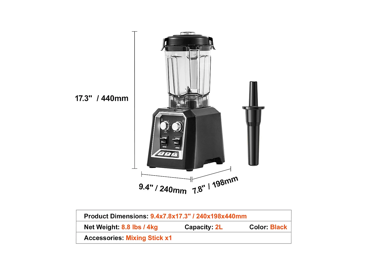 Mixeur de Comptoir Professionnel SucceBuy pour Smoothies et Milkshakes avec Bocal en Verre de 2 L, Mixeur 3 Fonctions en Acier Inoxydable