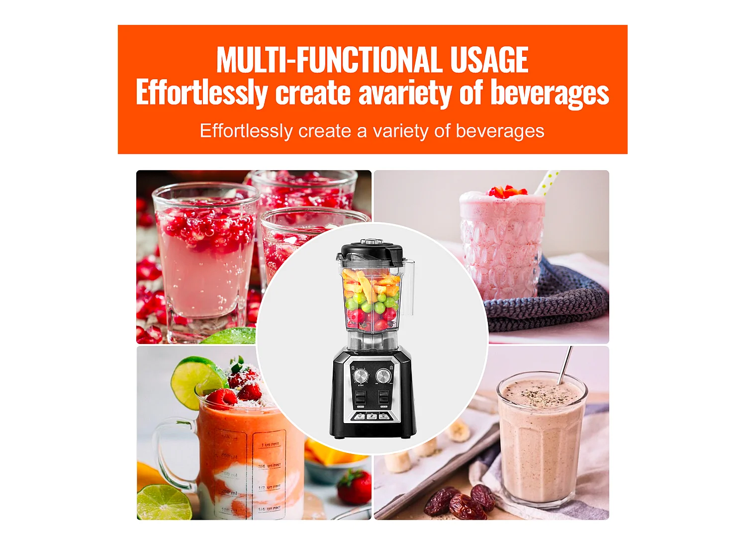 Mixeur de Comptoir Professionnel SucceBuy pour Smoothies et Milkshakes avec Bocal en Verre de 2 L, Mixeur 3 Fonctions en Acier Inoxydable