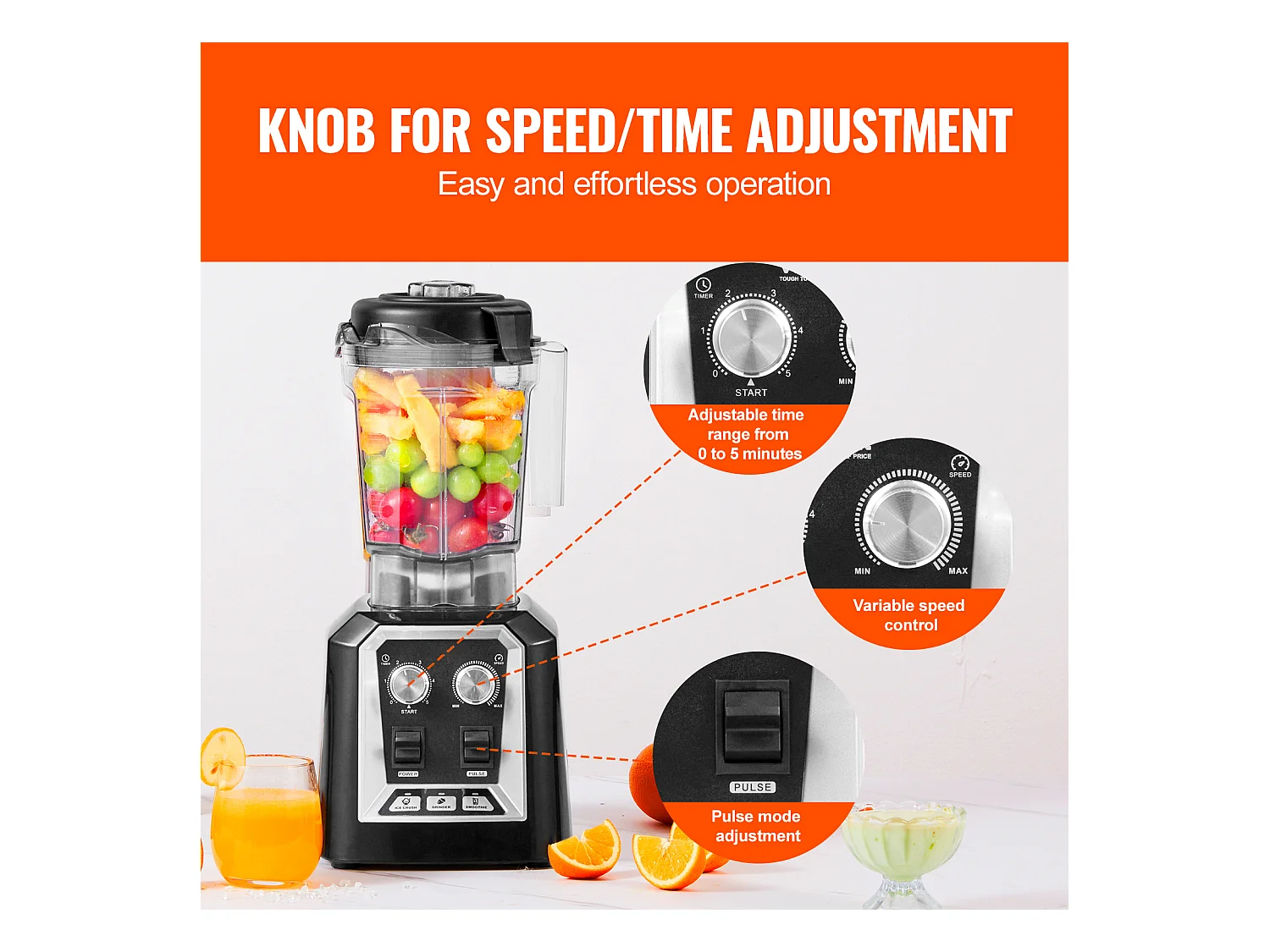 Mixeur de Comptoir Professionnel SucceBuy pour Smoothies et Milkshakes avec Bocal en Verre de 2 L, Mixeur 3 Fonctions en Acier Inoxydable