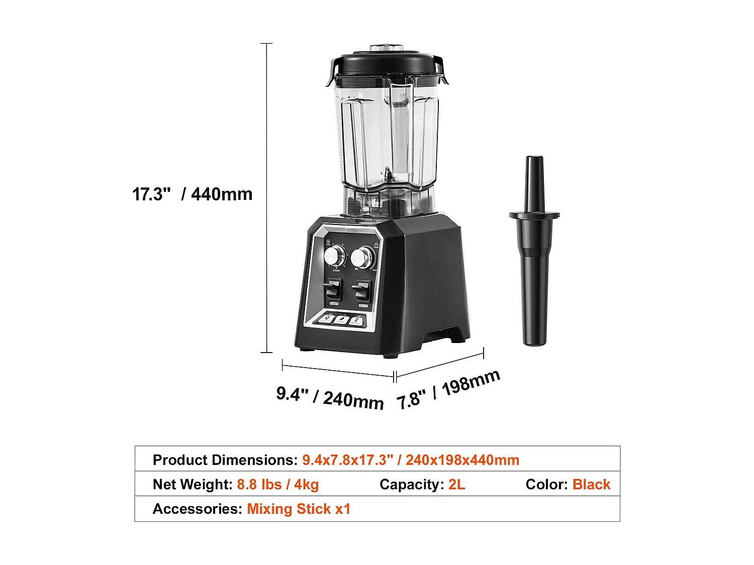 Mixeur de Comptoir Professionnel SucceBuy pour Smoothies et Milkshakes avec Bocal en Verre de 2 L, Mixeur 3 Fonctions en Acier Inoxydable