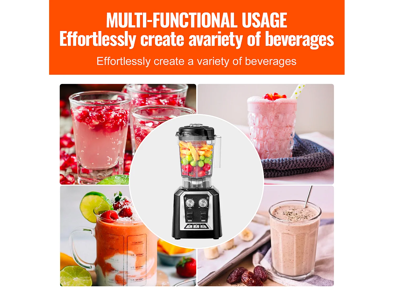 Mixeur de Comptoir Professionnel SucceBuy pour Smoothies et Milkshakes avec Bocal en Verre de 2 L, Mixeur 3 Fonctions en Acier Inoxydable