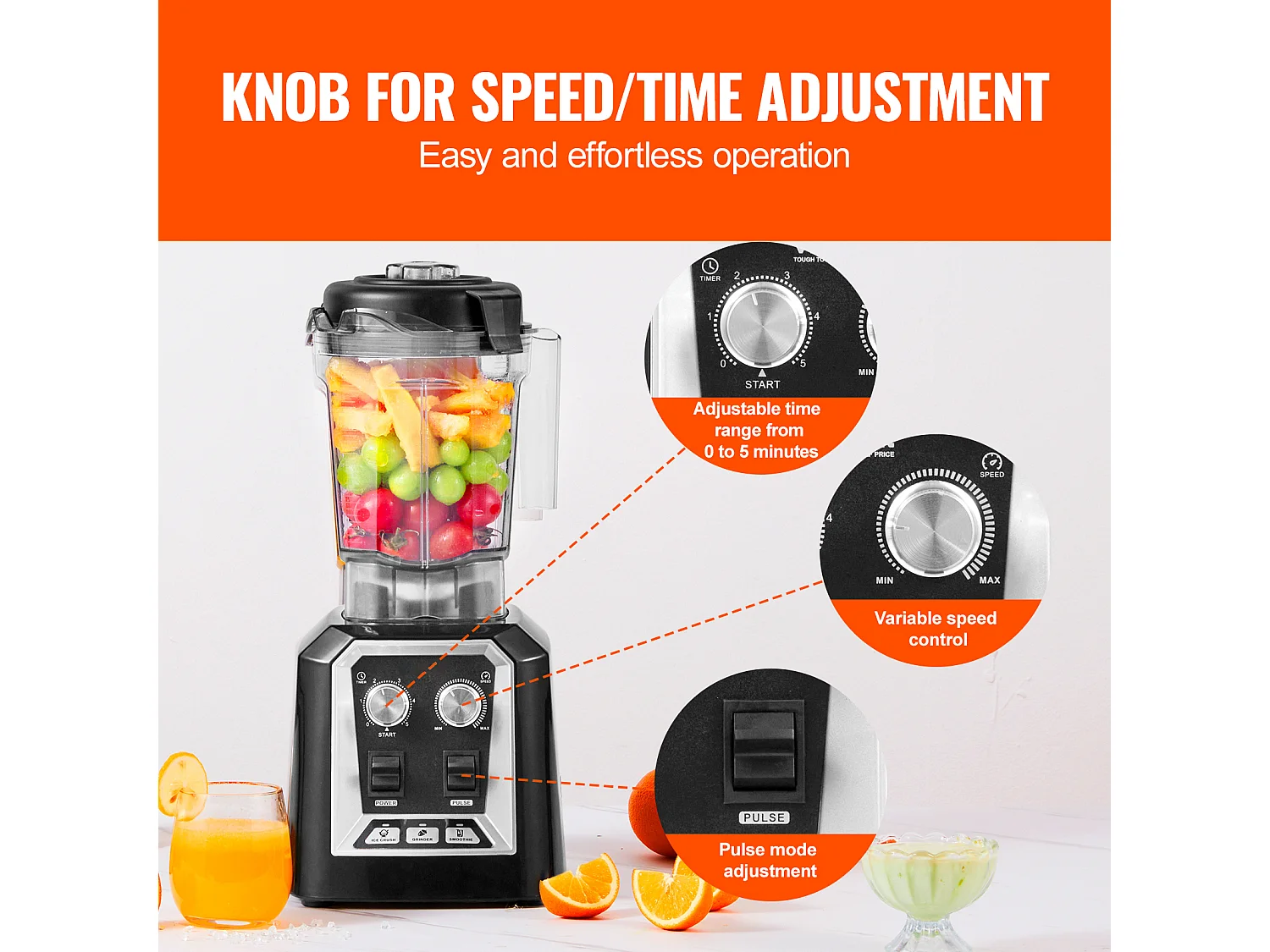 Mixeur de Comptoir Professionnel SucceBuy pour Smoothies et Milkshakes avec Bocal en Verre de 2 L, Mixeur 3 Fonctions en Acier Inoxydable