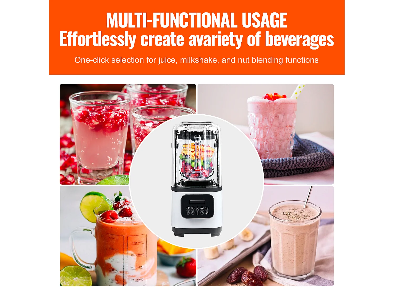 Mixeur de Comptoir Professionnel SucceBuy pour Smoothies et Milkshakes, Bocal en Verre de 2 L. Mixeur en Acier Inoxydable, 9 Vitesses et 5 Fonctions