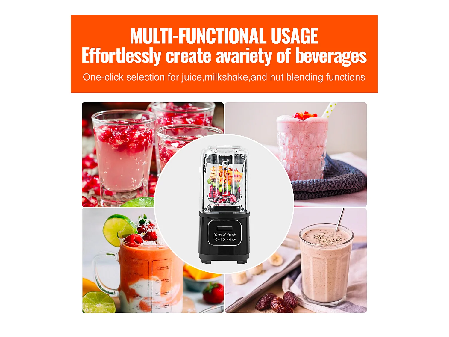 Mixeur SucceBuy Mélangeur de Comptoir Professionnel avec Bocal en Verre, Mixeur en Acier Inoxydable à 9 Vitesses et 5 Fonctions