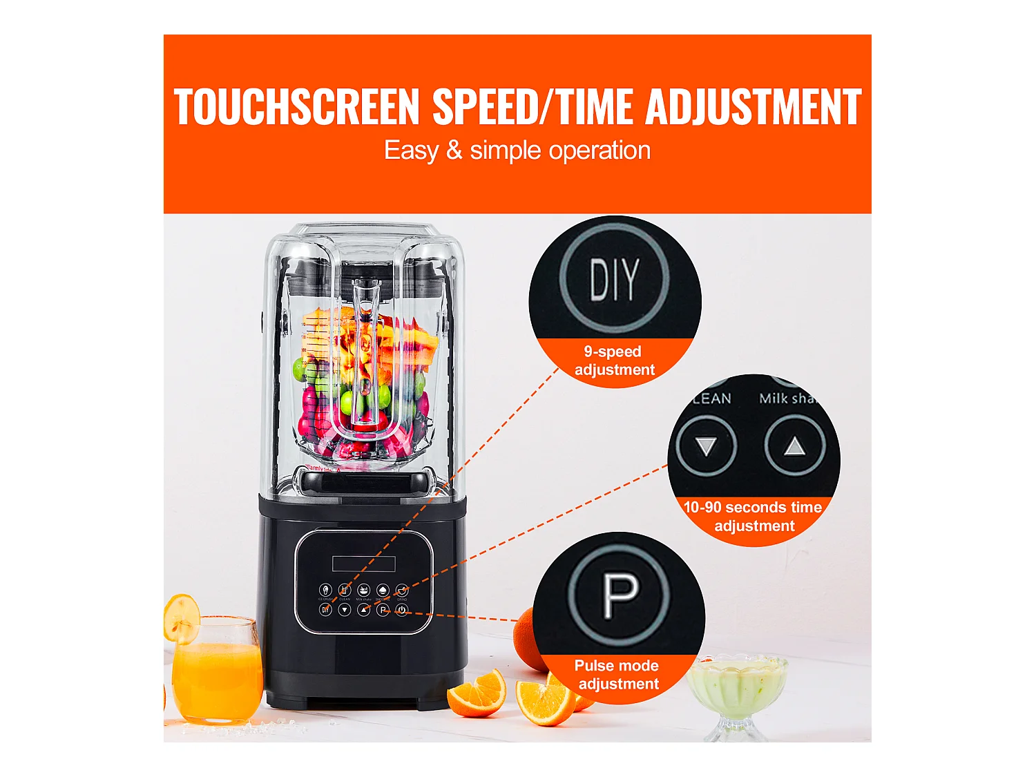 Mixeur SucceBuy Mélangeur de Comptoir Professionnel avec Bocal en Verre, Mixeur en Acier Inoxydable à 9 Vitesses et 5 Fonctions