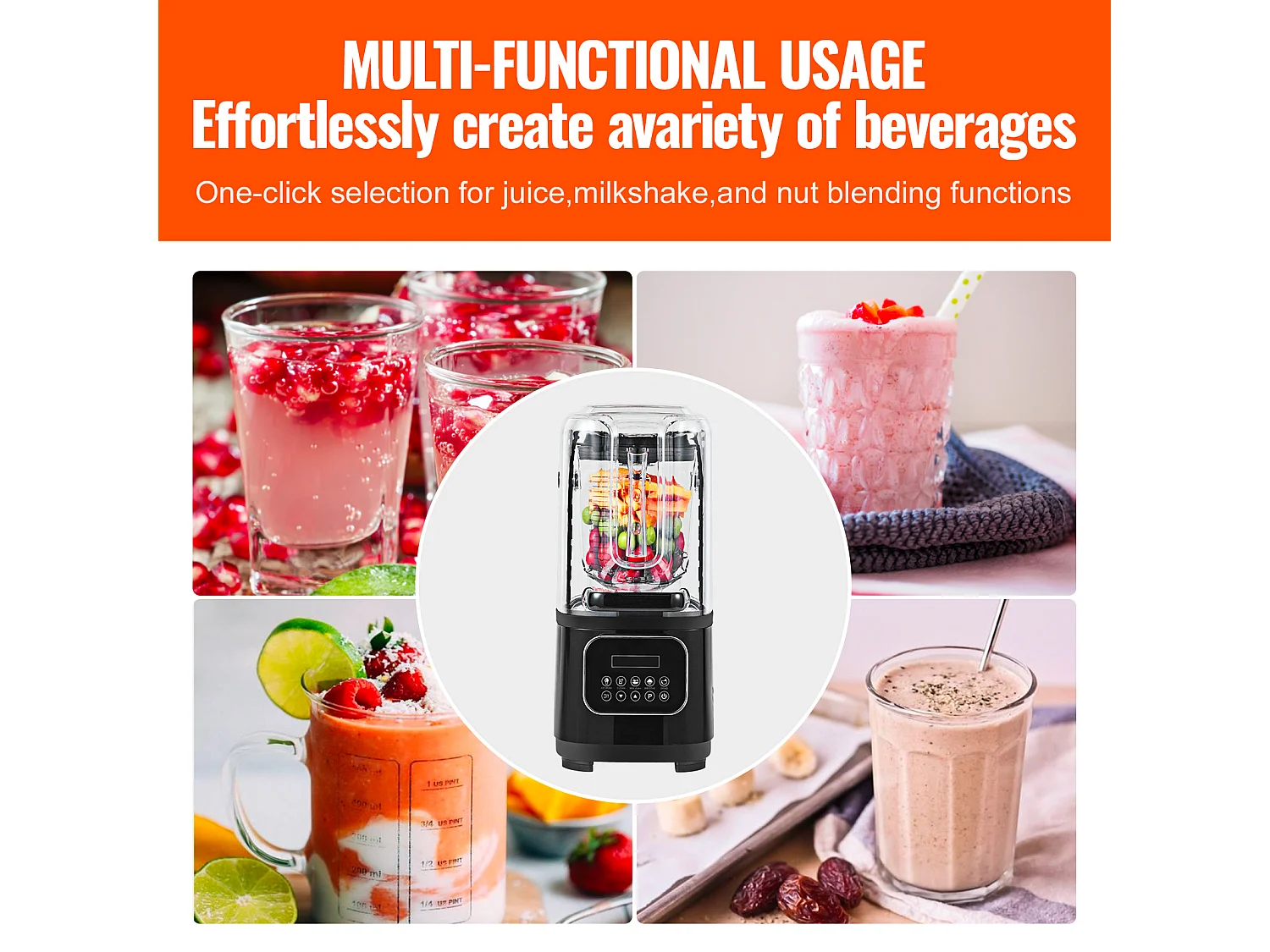 Mixeur SucceBuy Mélangeur de Comptoir Professionnel avec Bocal en Verre, Mixeur en Acier Inoxydable à 9 Vitesses et 5 Fonctions