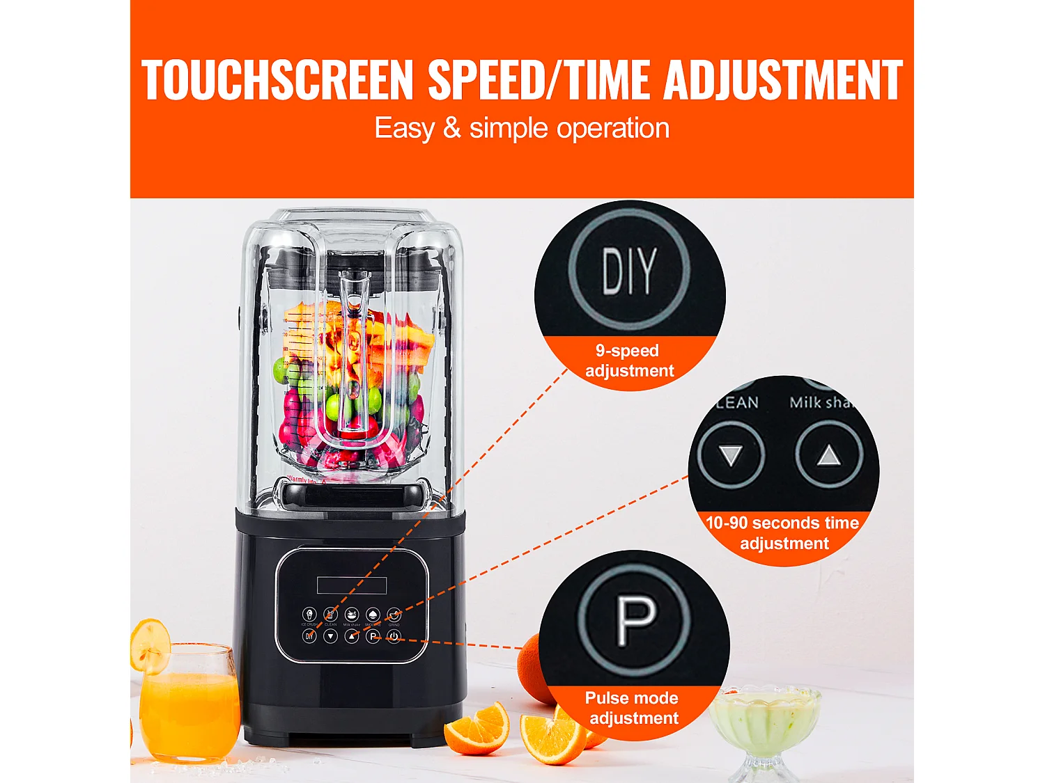 Mixeur SucceBuy Mélangeur de Comptoir Professionnel avec Bocal en Verre, Mixeur en Acier Inoxydable à 9 Vitesses et 5 Fonctions