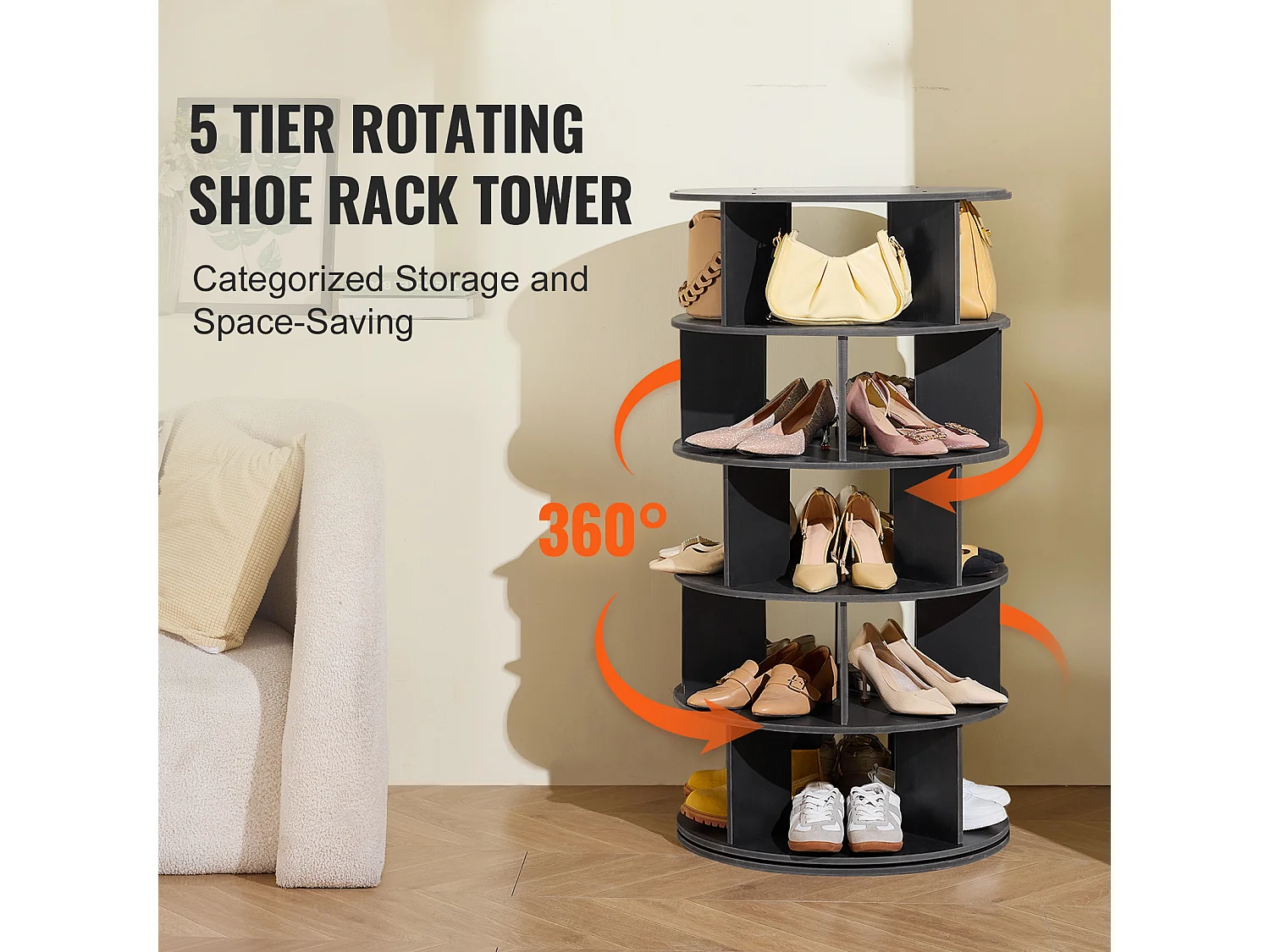 Sapateira SucceBuy Sapateira Giratória de 5 Níveis, Suporte de Exposição de Sapatos Giratório de 360°, Carrossel de Armazenamento Giratório, Preto