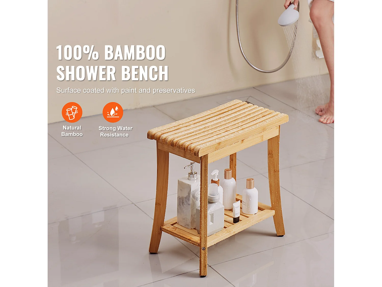 Banc de Douche en bambou SucceBuy, 48 x 29 x 46 cm, Chaise pour Salle de Bain