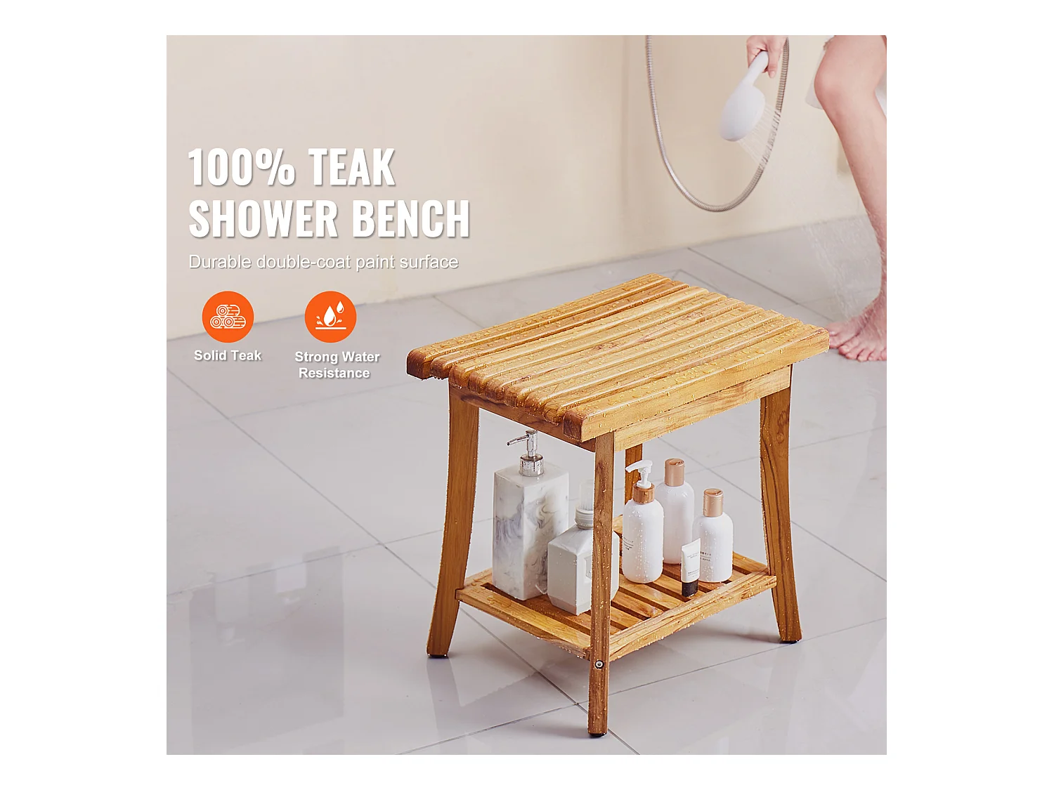 Banc de Douche en Teck SucceBuy, 51 x 36 x 45 cm, Chaise pour Salle de Bain