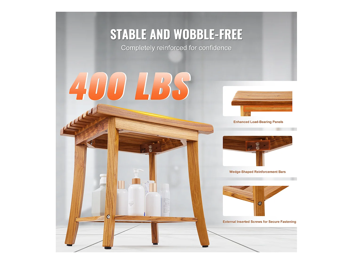 Banc de Douche en Teck SucceBuy, 51 x 36 x 45 cm, Chaise pour Salle de Bain