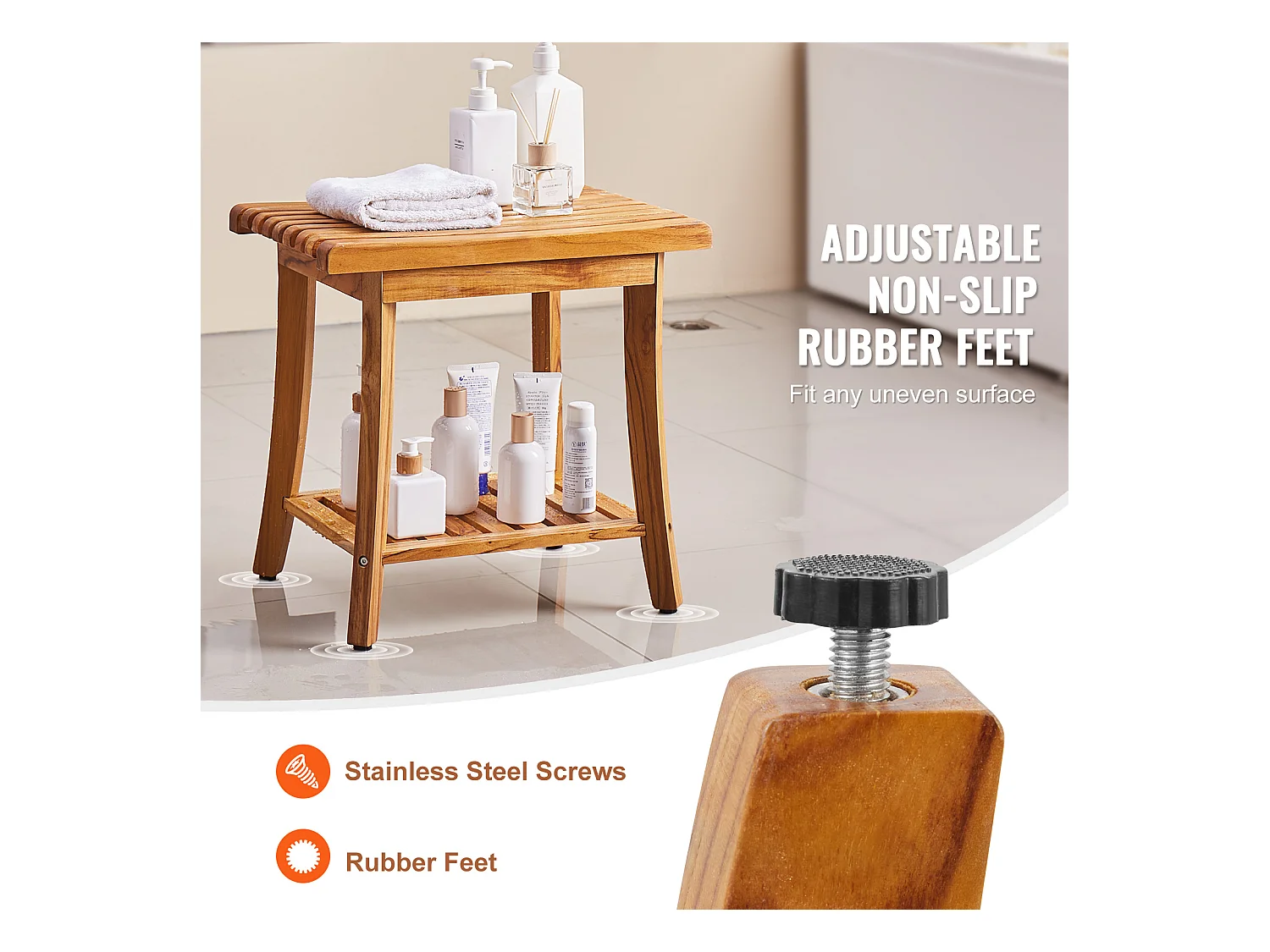 Banc de Douche en Teck SucceBuy, 51 x 36 x 45 cm, Chaise pour Salle de Bain