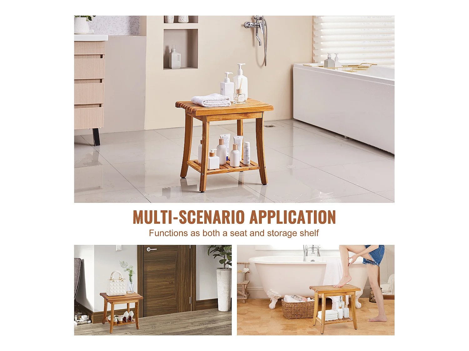 Banc de Douche en Teck SucceBuy, 51 x 36 x 45 cm, Chaise pour Salle de Bain