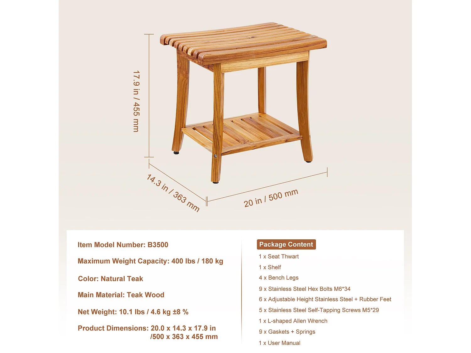 Banc de Douche en Teck SucceBuy, 51 x 36 x 45 cm, Chaise pour Salle de Bain