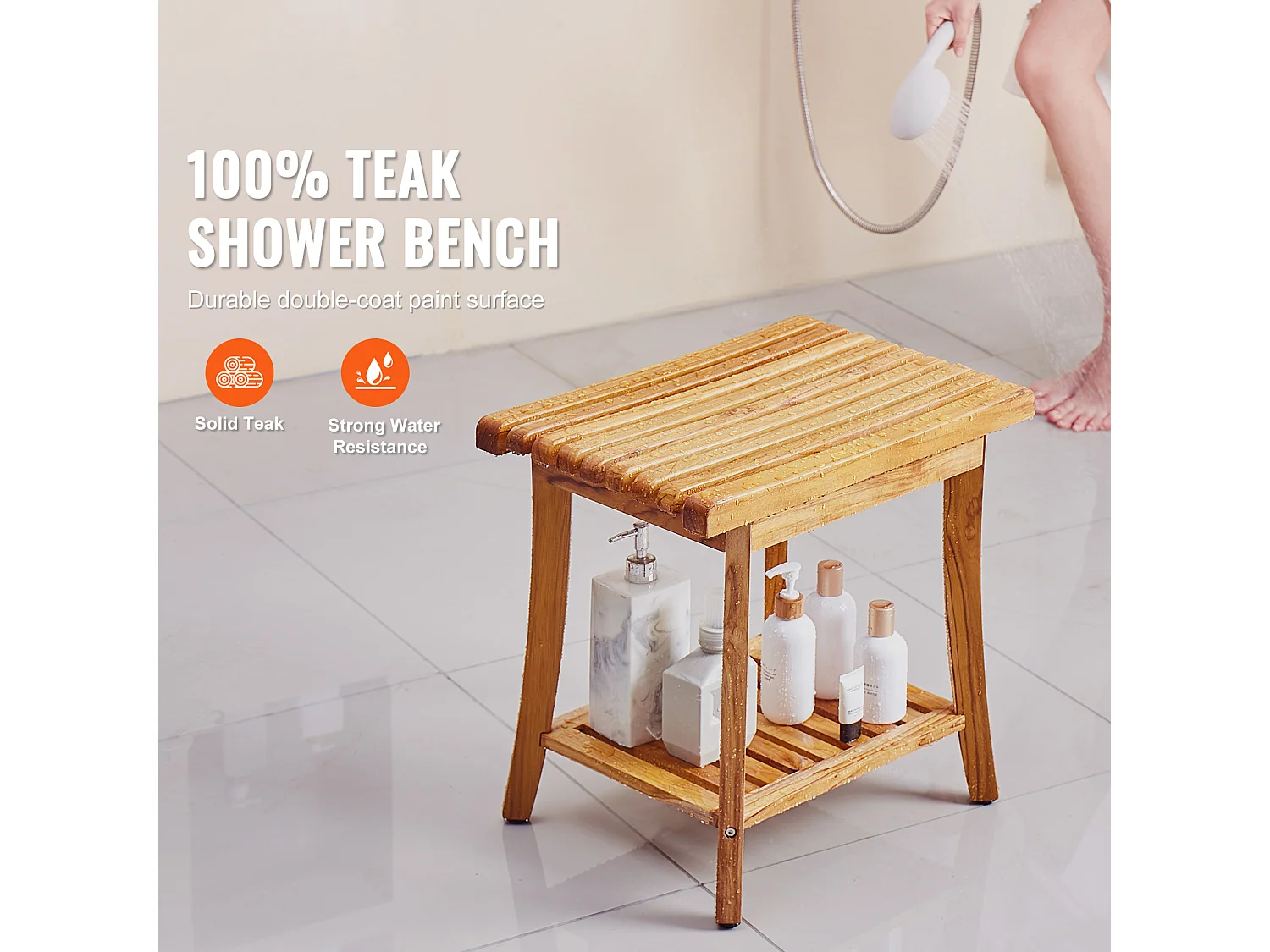 Banc de Douche en Teck SucceBuy, 51 x 36 x 45 cm, Chaise pour Salle de Bain
