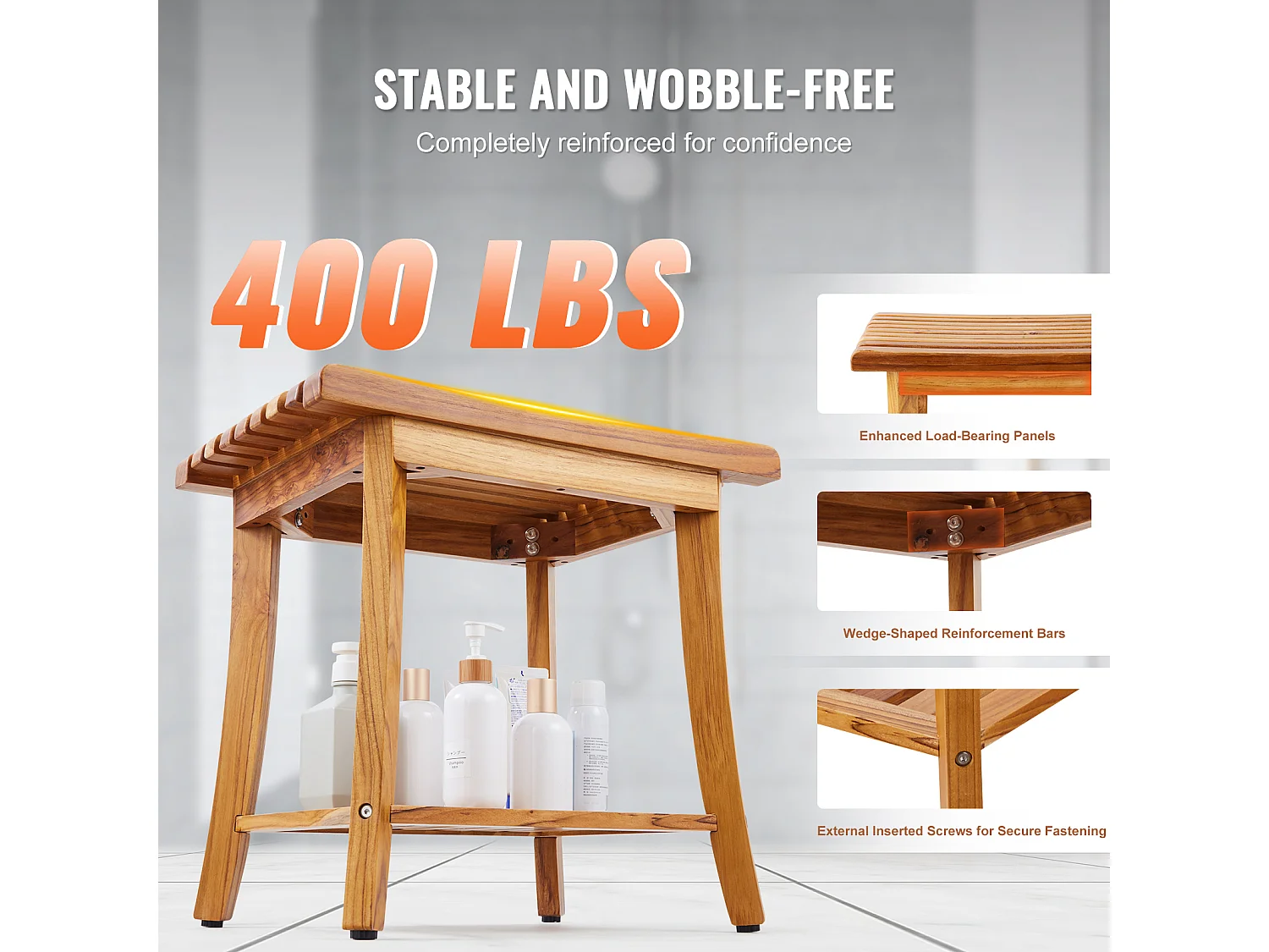 Banc de Douche en Teck SucceBuy, 51 x 36 x 45 cm, Chaise pour Salle de Bain