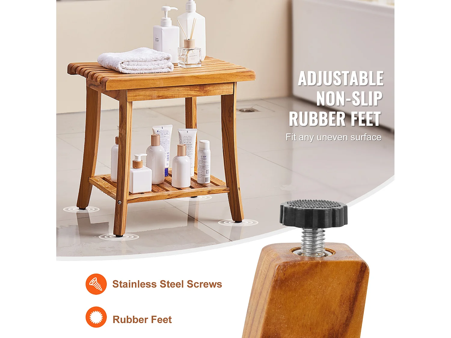 Banc de Douche en Teck SucceBuy, 51 x 36 x 45 cm, Chaise pour Salle de Bain