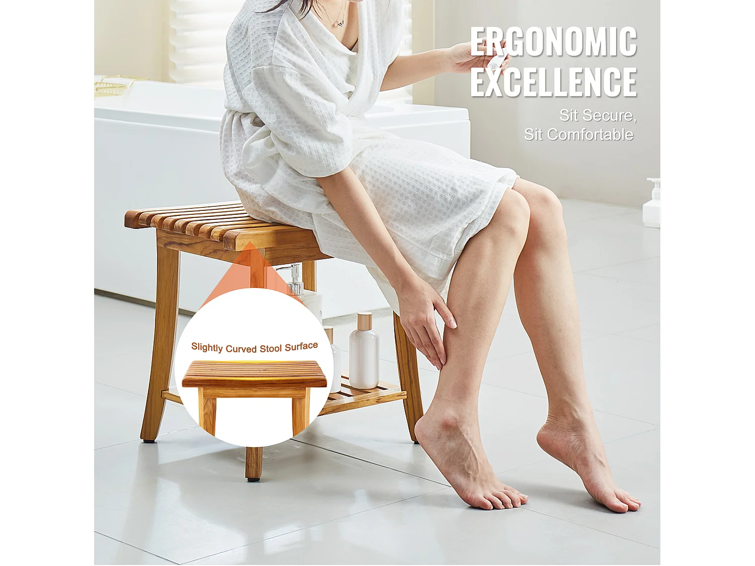 Banc de Douche en Teck SucceBuy, 51 x 36 x 45 cm, Chaise pour Salle de Bain