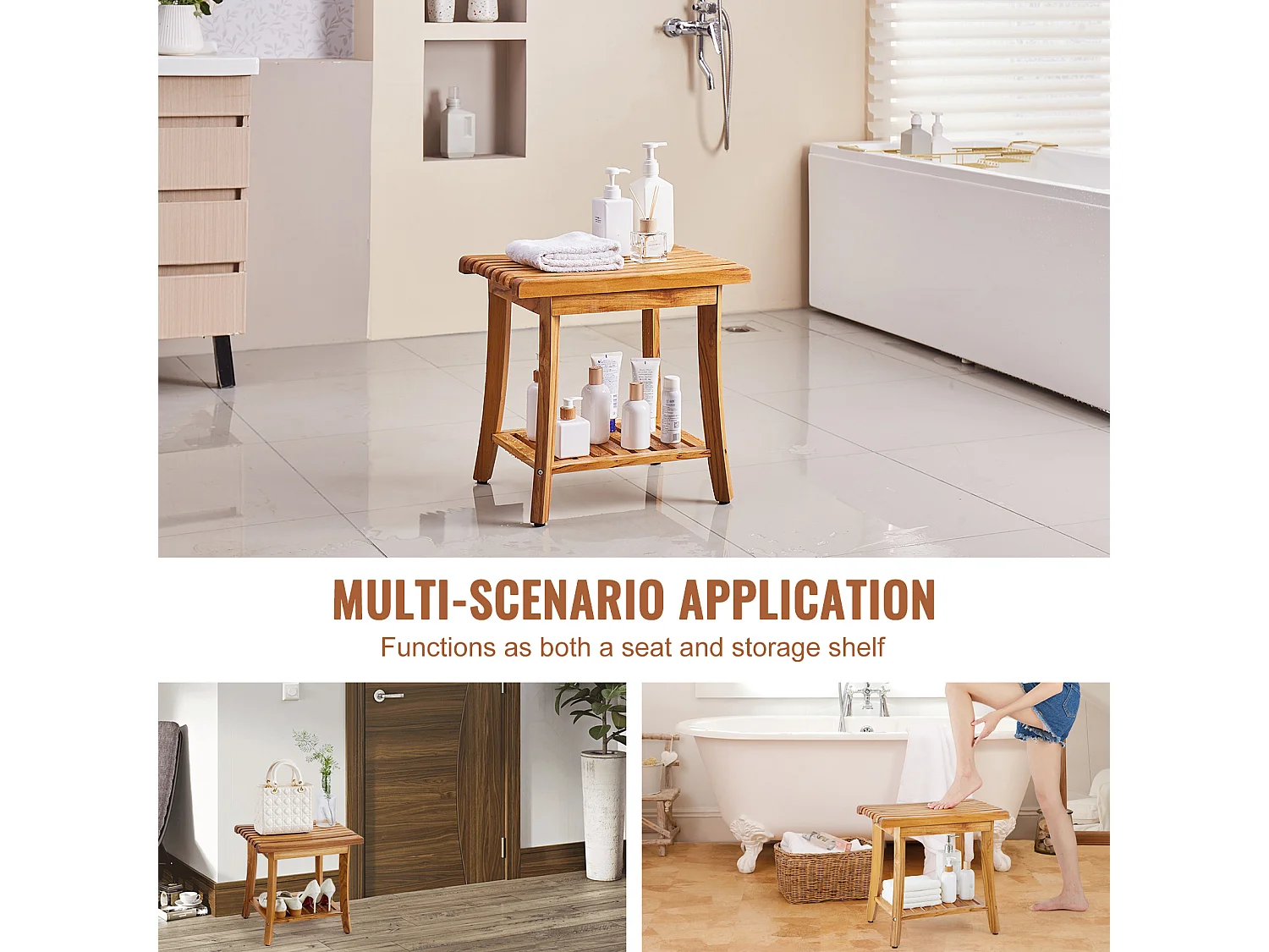 Banc de Douche en Teck SucceBuy, 51 x 36 x 45 cm, Chaise pour Salle de Bain