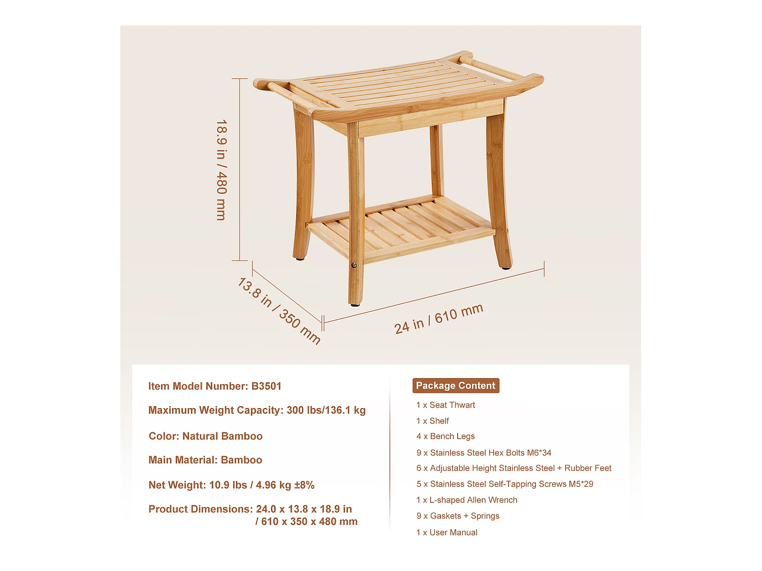 Banc de Douche en Bambou SucceBuy, 61 x 35 x 49 cm, Chaise pour Salle de Bain