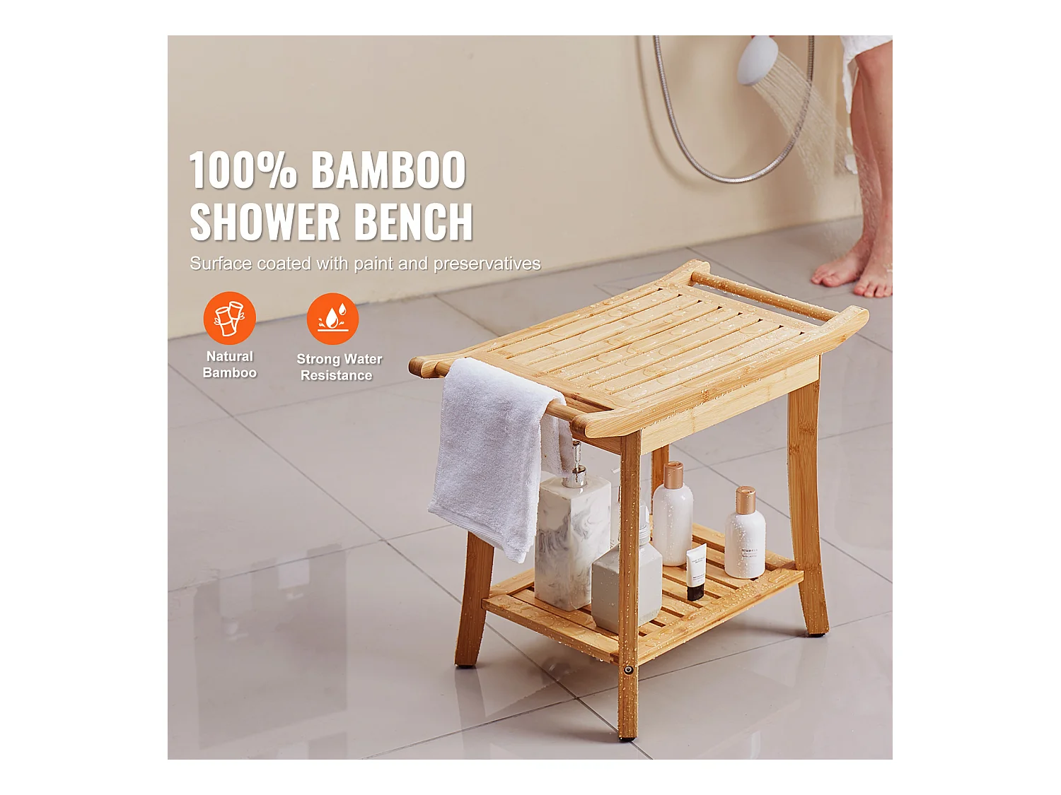 Banc de Douche en Bambou SucceBuy, 61 x 35 x 49 cm, Chaise pour Salle de Bain