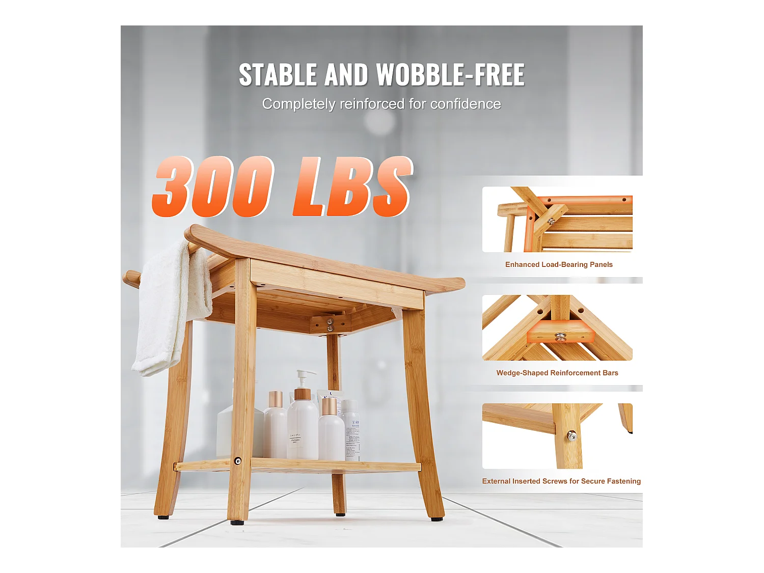 Banc de Douche en Bambou SucceBuy, 61 x 35 x 49 cm, Chaise pour Salle de Bain