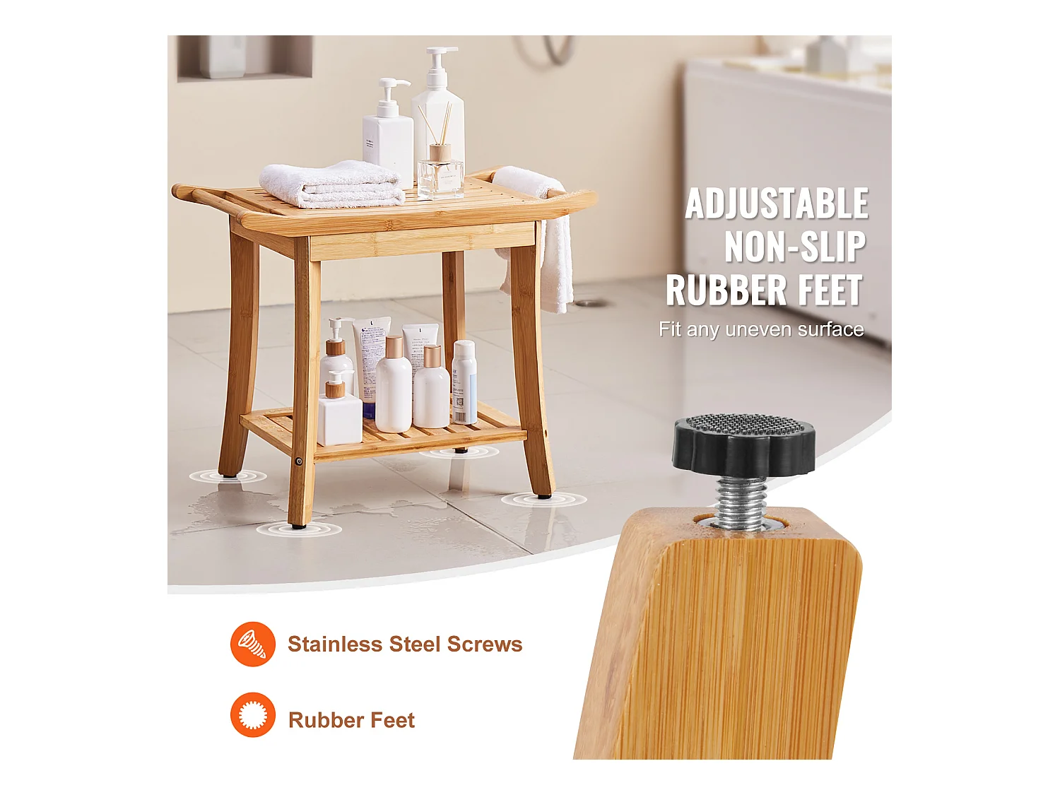 Banc de Douche en Bambou SucceBuy, 61 x 35 x 49 cm, Chaise pour Salle de Bain