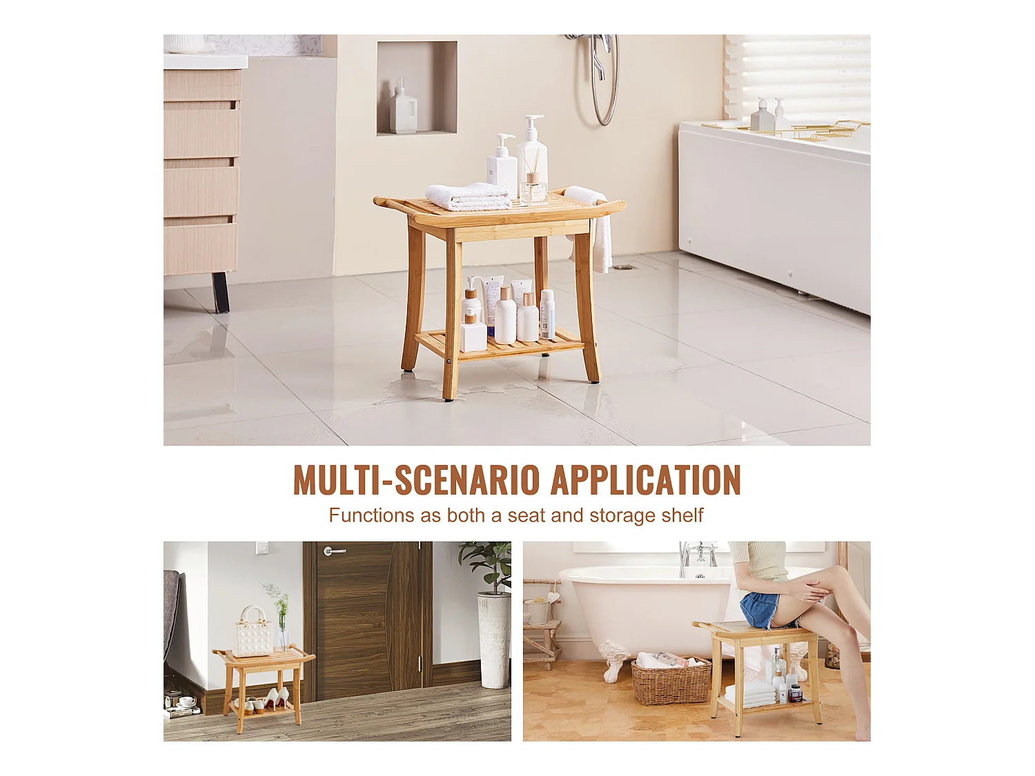 Banc de Douche en Bambou SucceBuy, 61 x 35 x 49 cm, Chaise pour Salle de Bain
