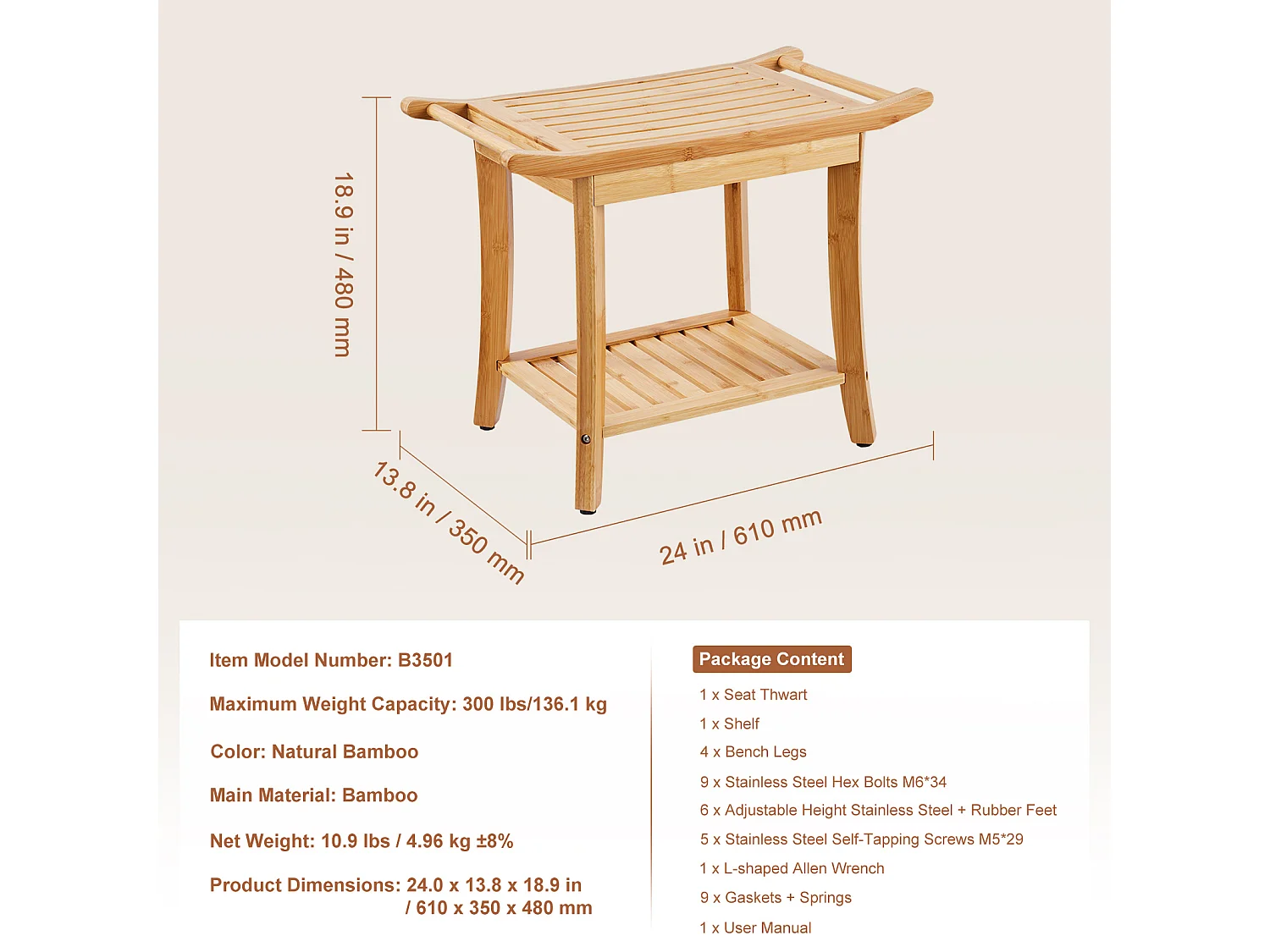 Banc de Douche en Bambou SucceBuy, 61 x 35 x 49 cm, Chaise pour Salle de Bain