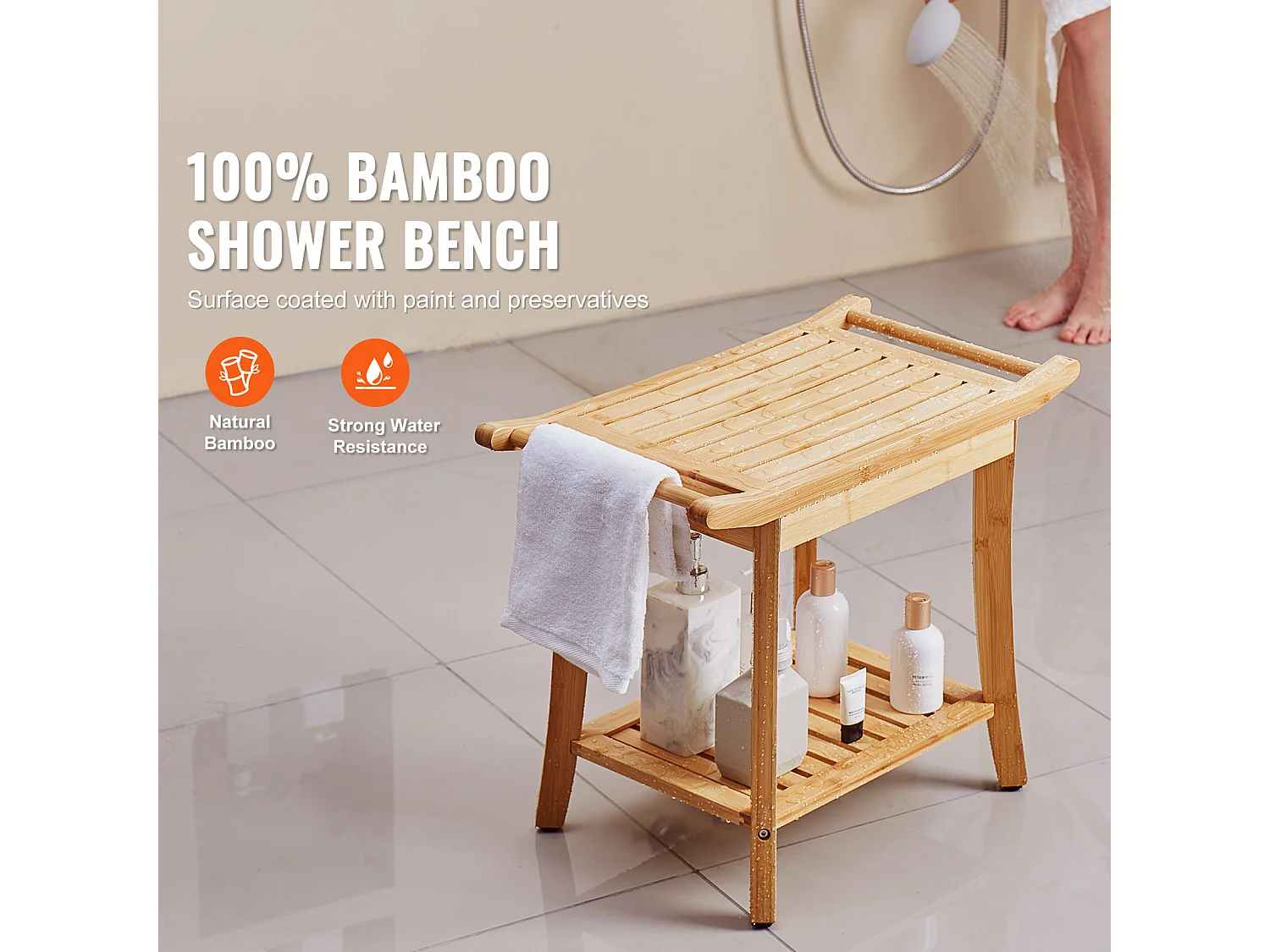 Banc de Douche en Bambou SucceBuy, 61 x 35 x 49 cm, Chaise pour Salle de Bain