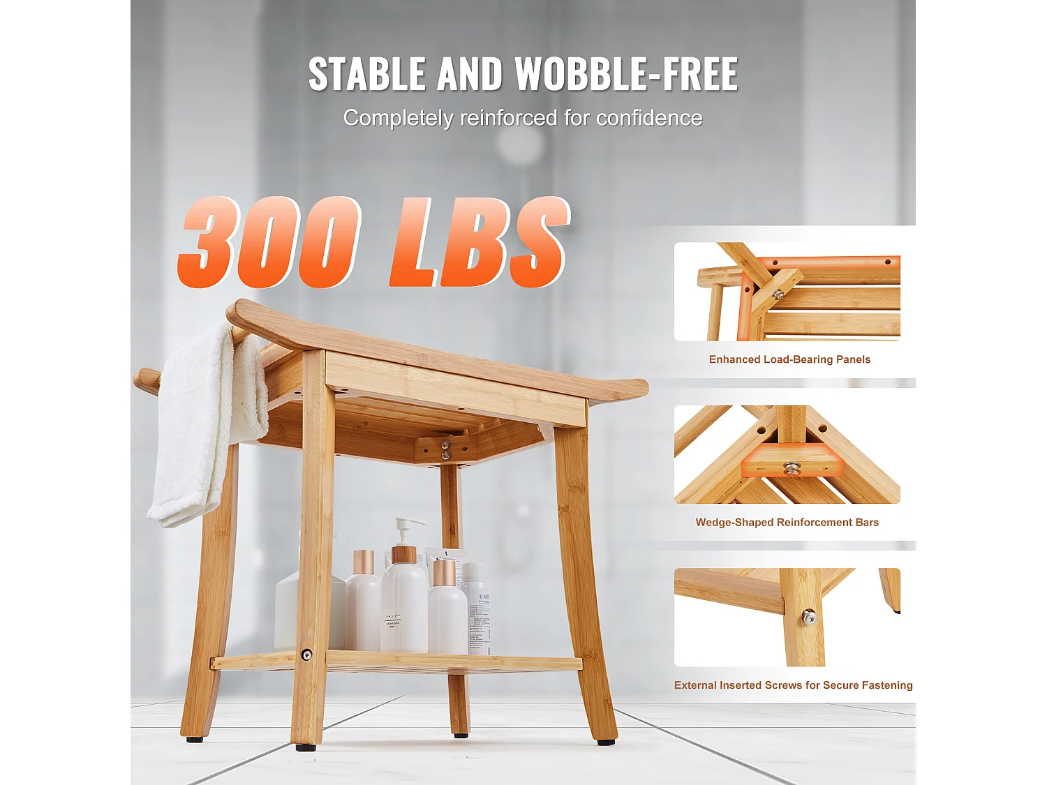 Banc de Douche en Bambou SucceBuy, 61 x 35 x 49 cm, Chaise pour Salle de Bain