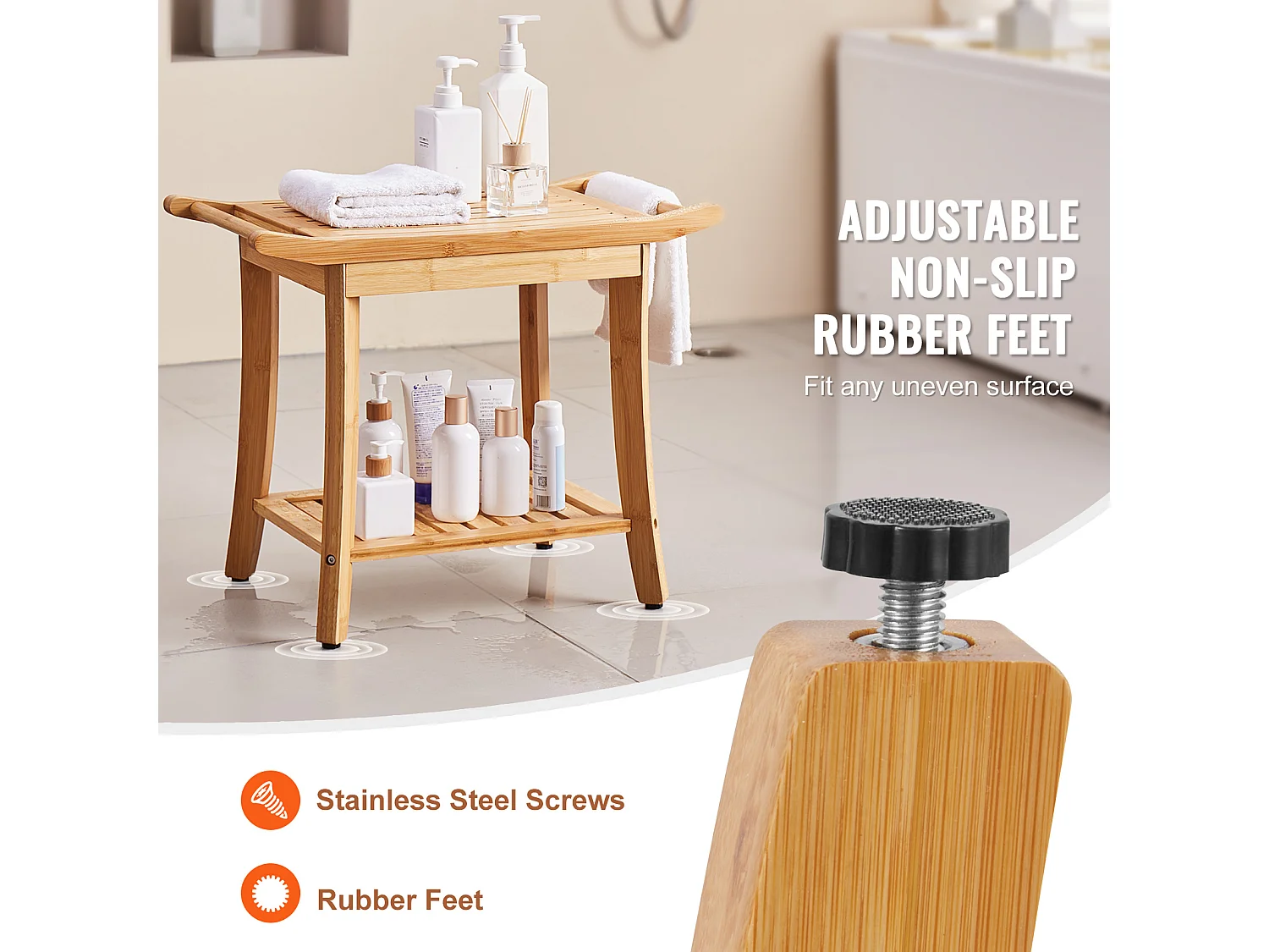 Banc de Douche en Bambou SucceBuy, 61 x 35 x 49 cm, Chaise pour Salle de Bain