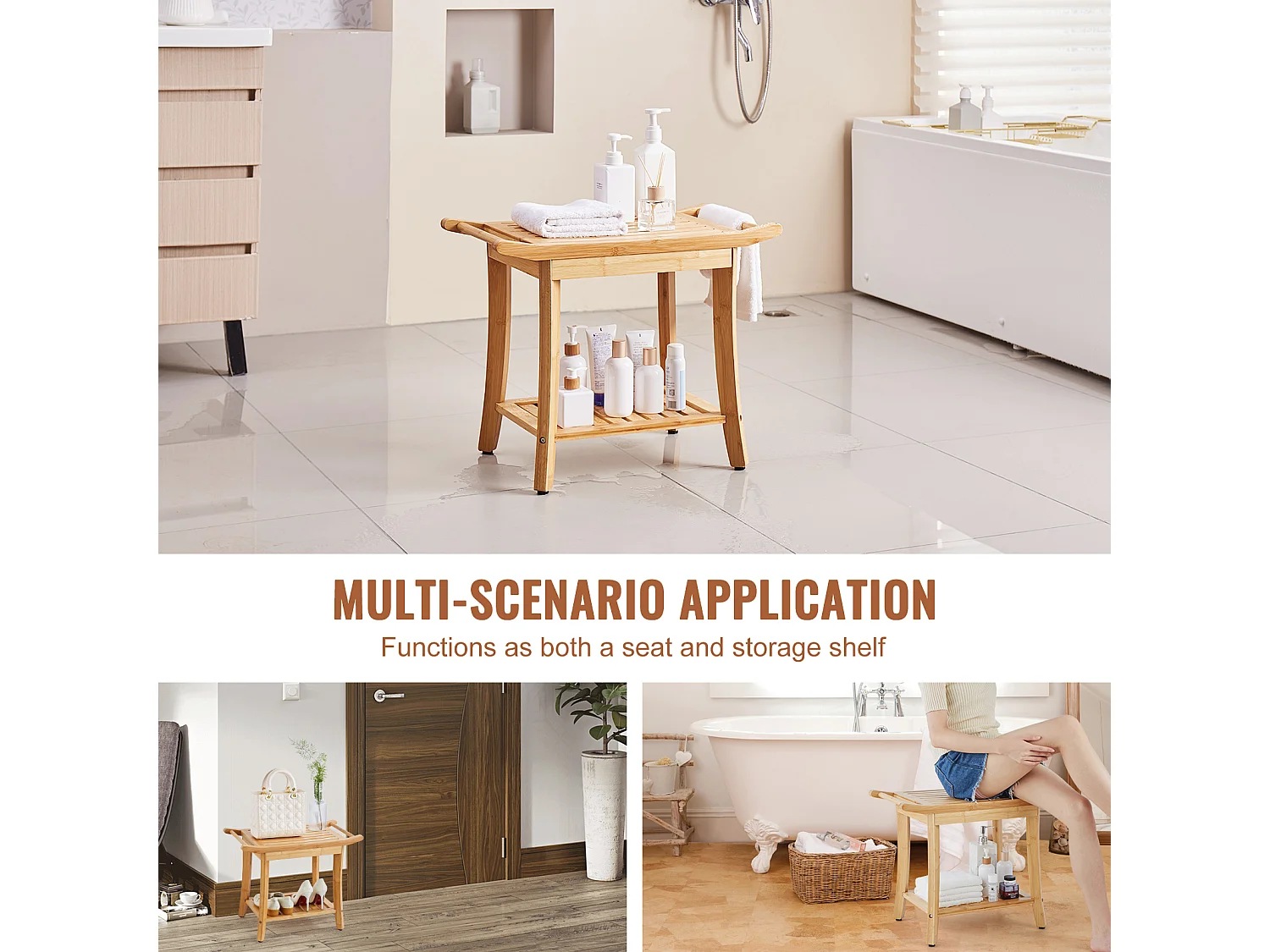 Banc de Douche en Bambou SucceBuy, 61 x 35 x 49 cm, Chaise pour Salle de Bain