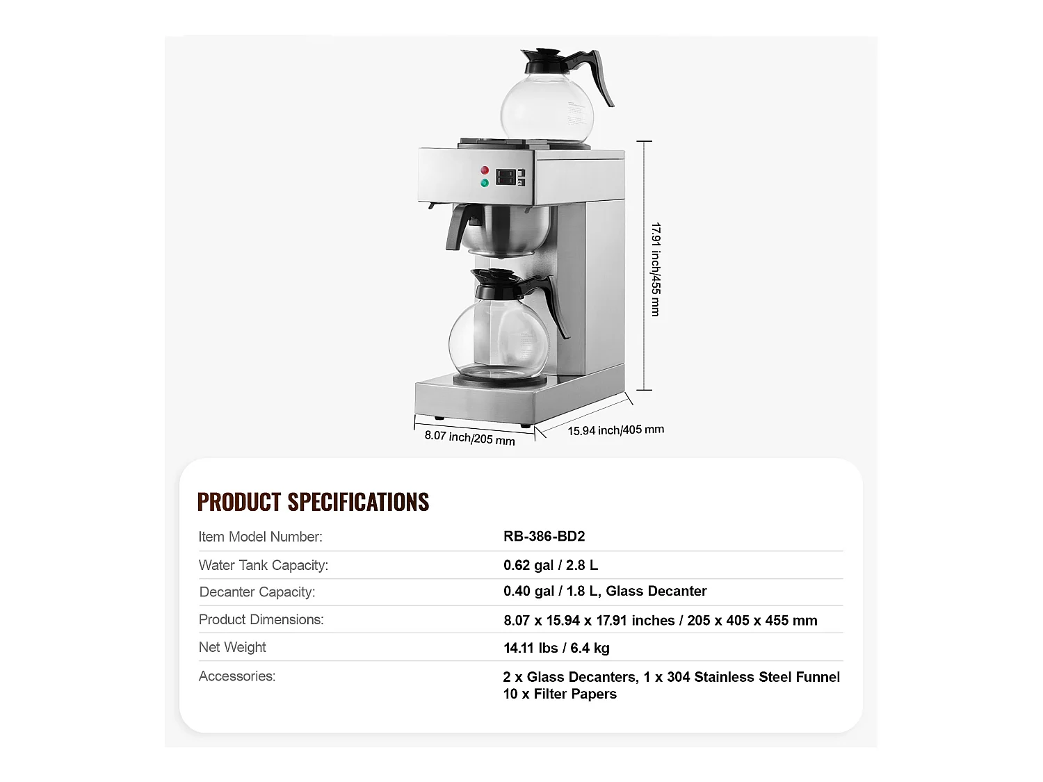 Cafetière à Filtre Commerciale SucceBuy 12 Tasses, 2 Carafes en Verre et 2 Réchauds