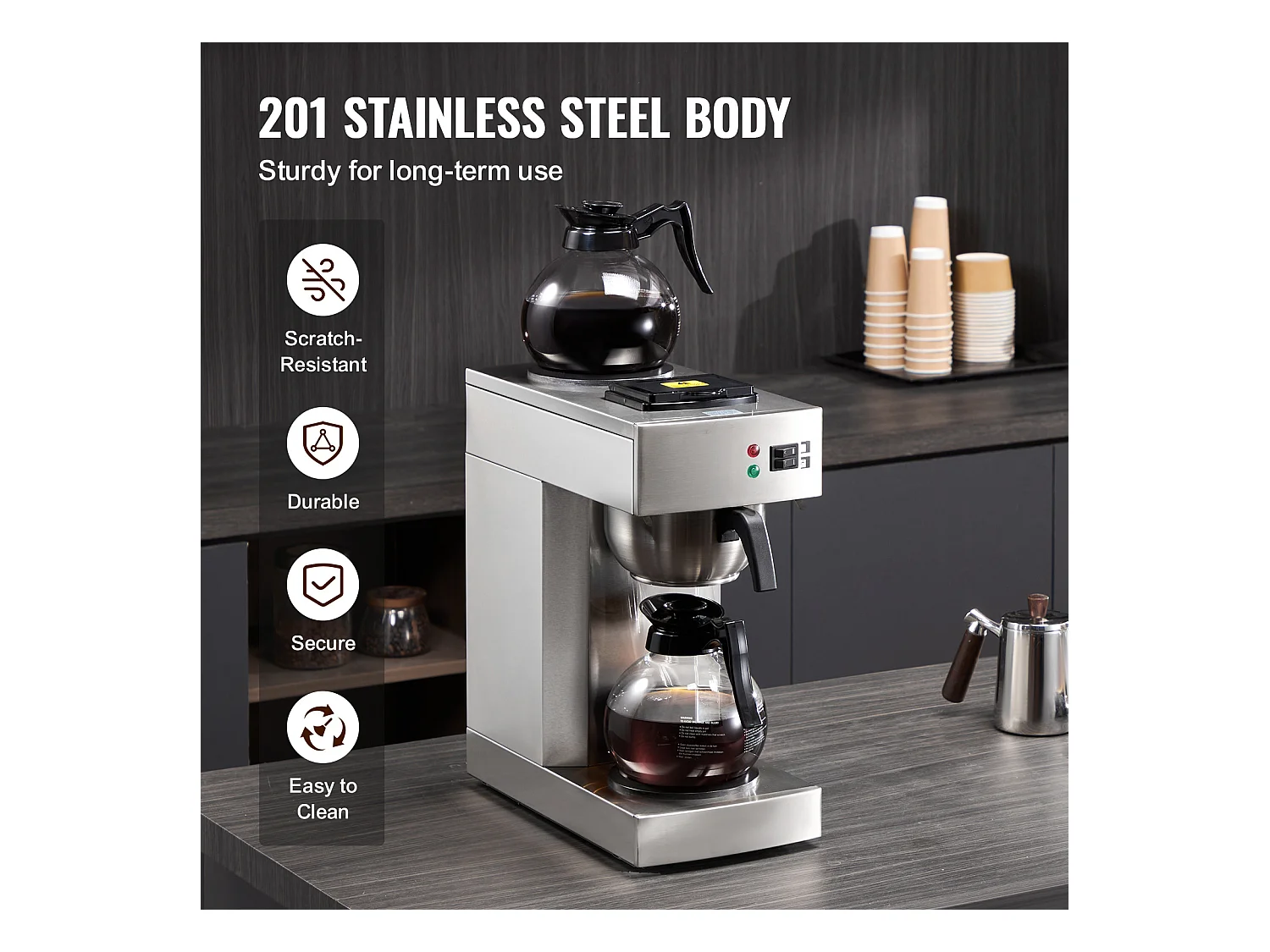 Cafetière à Filtre Commerciale SucceBuy 12 Tasses, 2 Carafes en Verre et 2 Réchauds