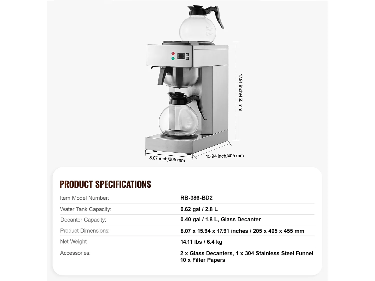 Cafetera de Filtro Comercial SucceBuy 12 Tazas, 2 Garrafas de Vidrio y 2 Calentadores