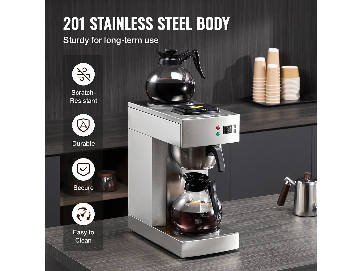 Cafetera de Filtro Comercial SucceBuy 12 Tazas, 2 Garrafas de Vidrio y 2 Calentadores