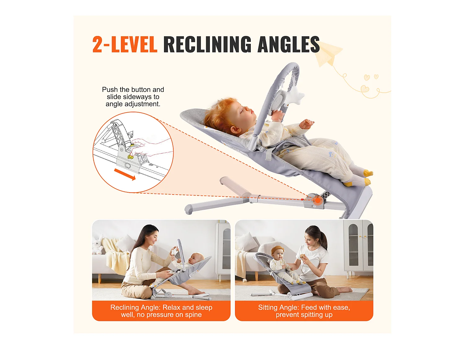 Transat Bébé, SucceBuy Transat pour Bébé, Siège Transat Pliable pour Bébés de 0 à 9 Mois, Transat pour Nouveau-Né avec 2 Angles d'Inclinaison