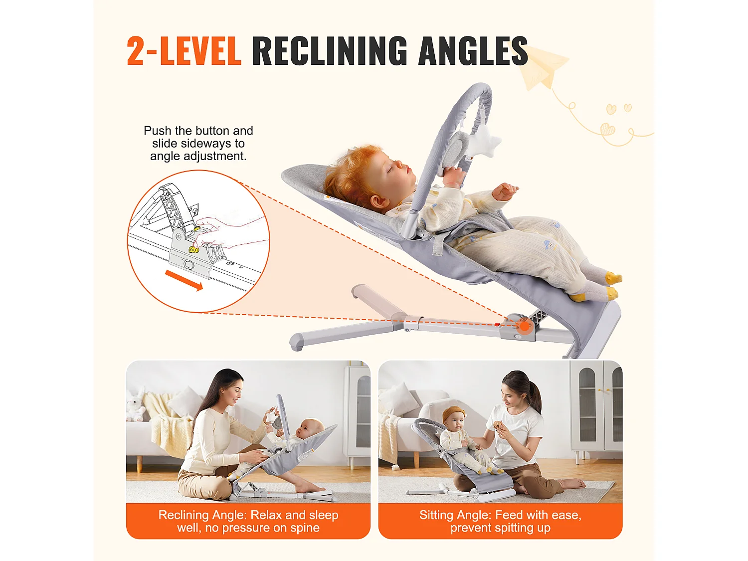 Baby Lounge, SucceBuy Baby Lounge, Opvouwbare Lounge Zitje voor Baby's van 0 tot 9 Maanden, Lounge voor Pasgeborenen met 2 Hellingshoeken