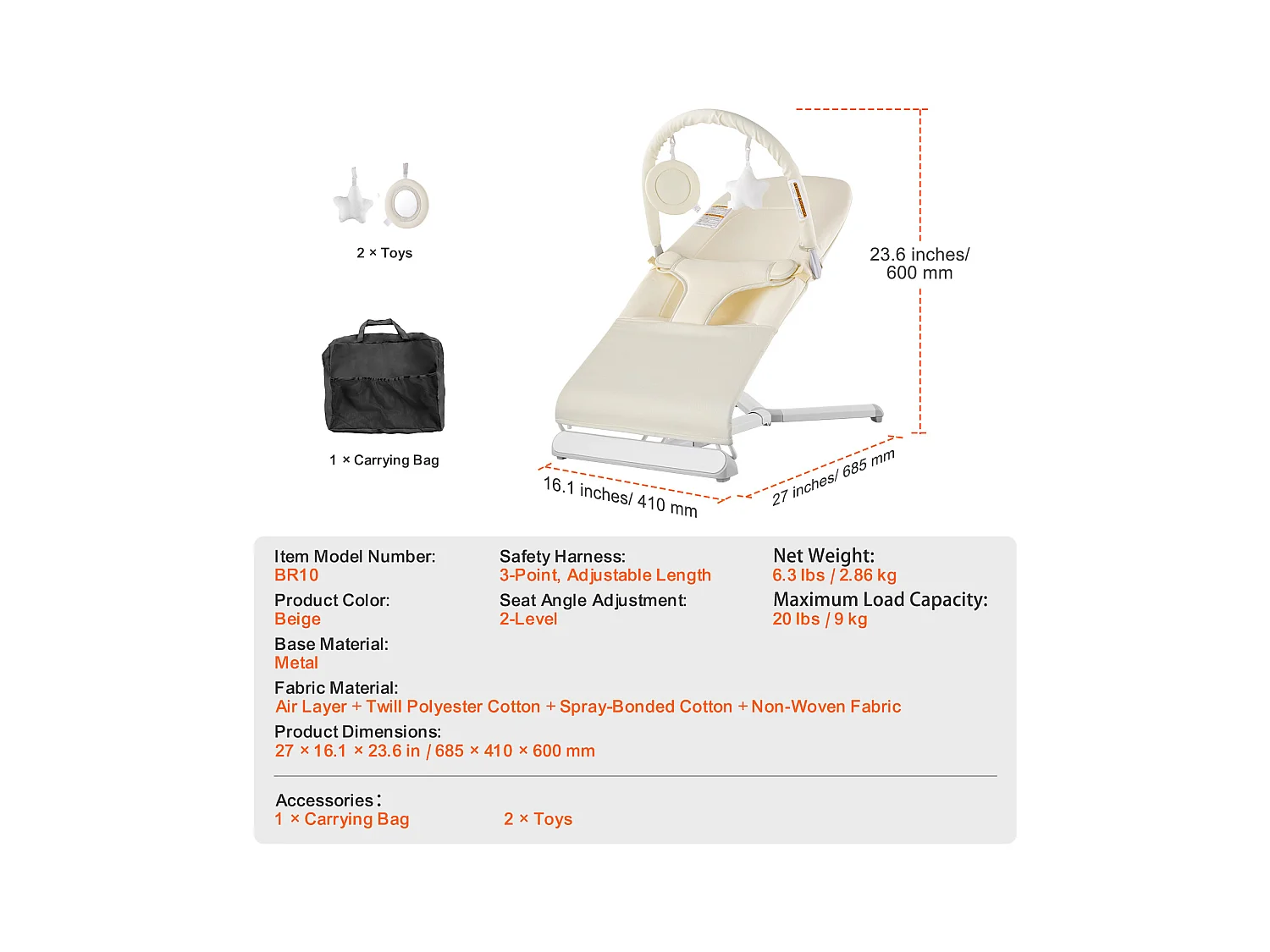 Transat Bébé, SucceBuy Transat Pliant pour Bébé pour Bébés de 0 à 9 Mois avec Barre de Jouets