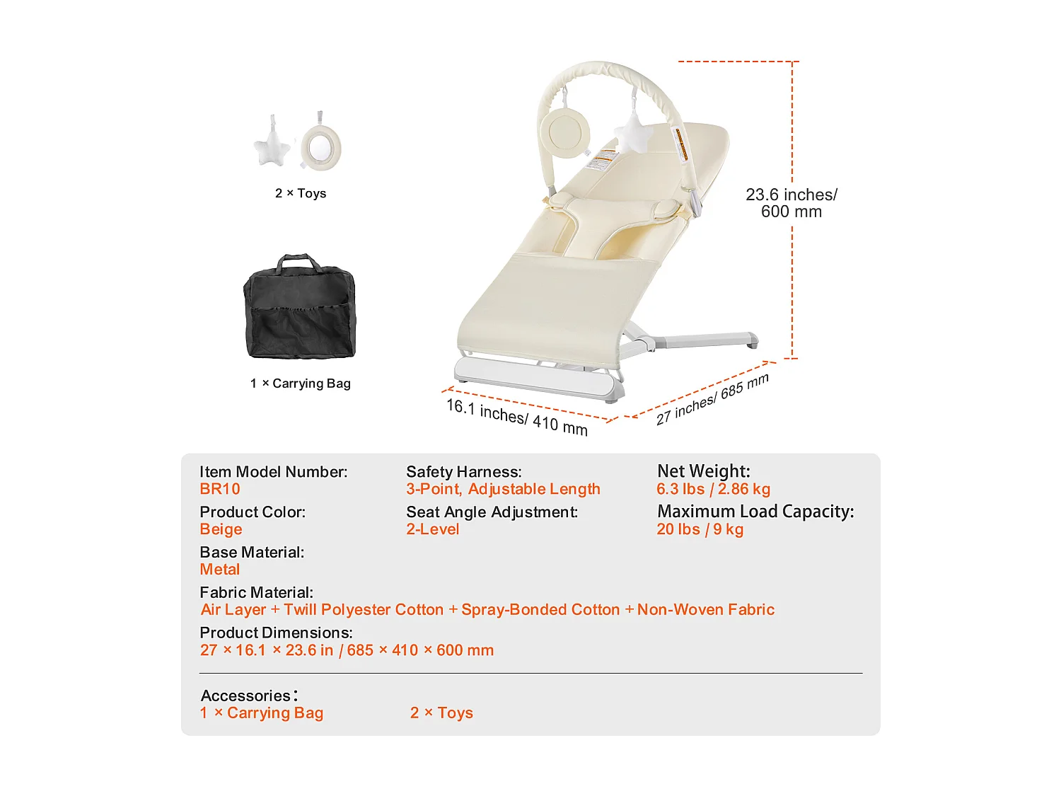 Baby Bouncer, SucceBuy Opvouwbare Baby Bouncer voor Baby's van 0-9 Maanden met Speelstang