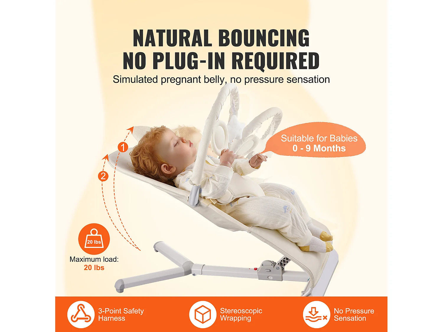 Baby Bouncer, SucceBuy Opvouwbare Baby Bouncer voor Baby's van 0-9 Maanden met Speelstang