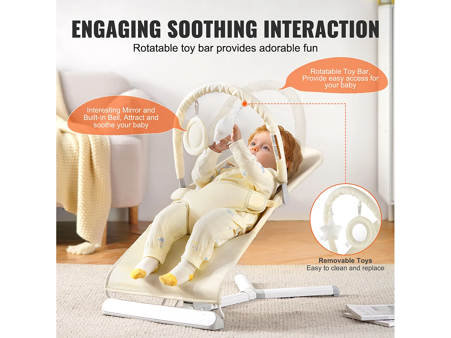 Baby Bouncer, SucceBuy Opvouwbare Baby Bouncer voor Baby's van 0-9 Maanden met Speelstang